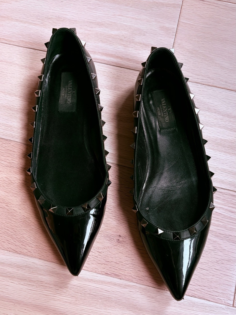 Valentino Black Patent Leather Rockstud Pointed Ballet Flats
